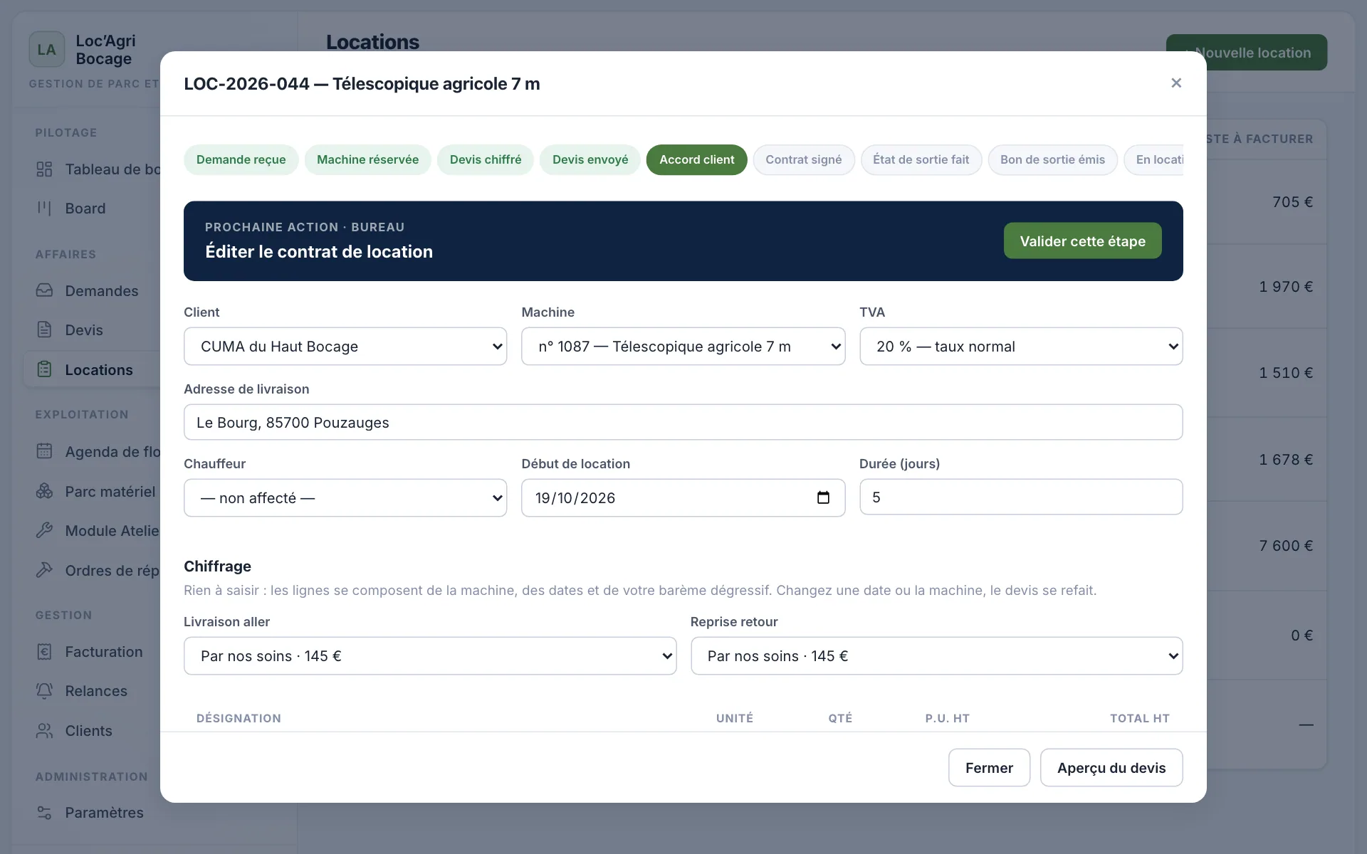 Fiche d'une location à l'étape Accord client, avec la prochaine action : éditer le contrat.