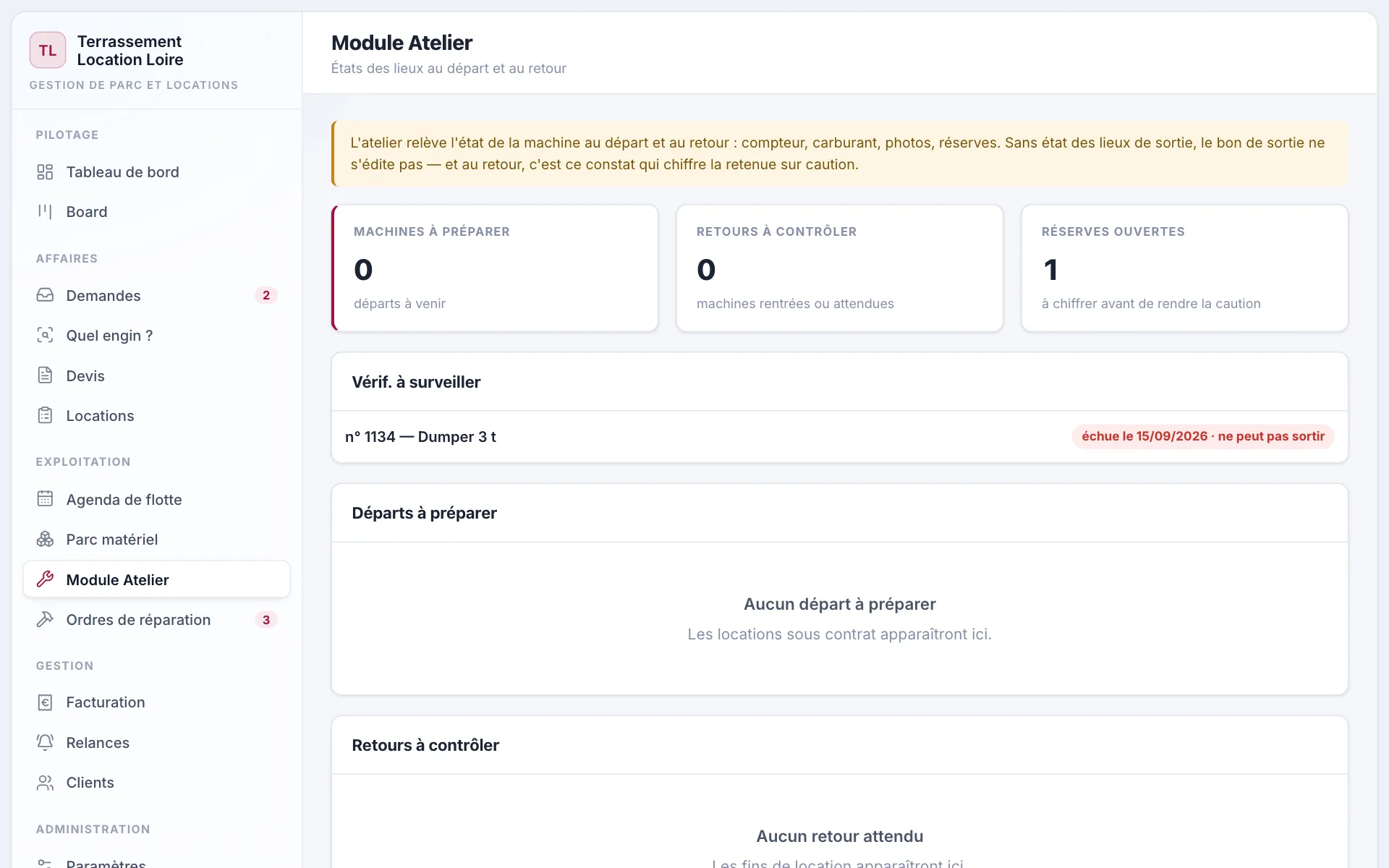 État des lieux de sortie dans le module Atelier : compteur, carburant, photos, constat.