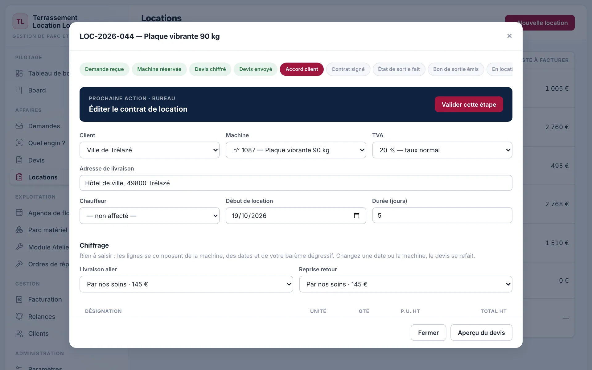 Fiche d'une location à l'étape Accord client, avec la prochaine action : éditer le contrat.
