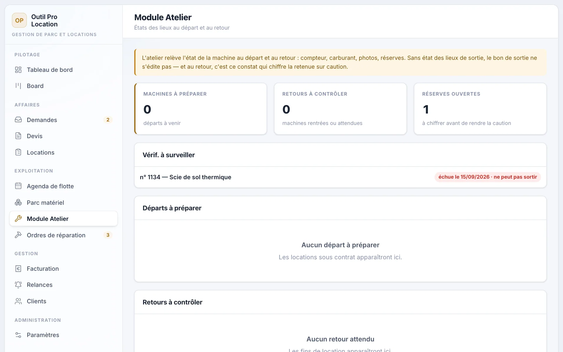 État des lieux de sortie dans le module Atelier : compteur, carburant, photos, constat.