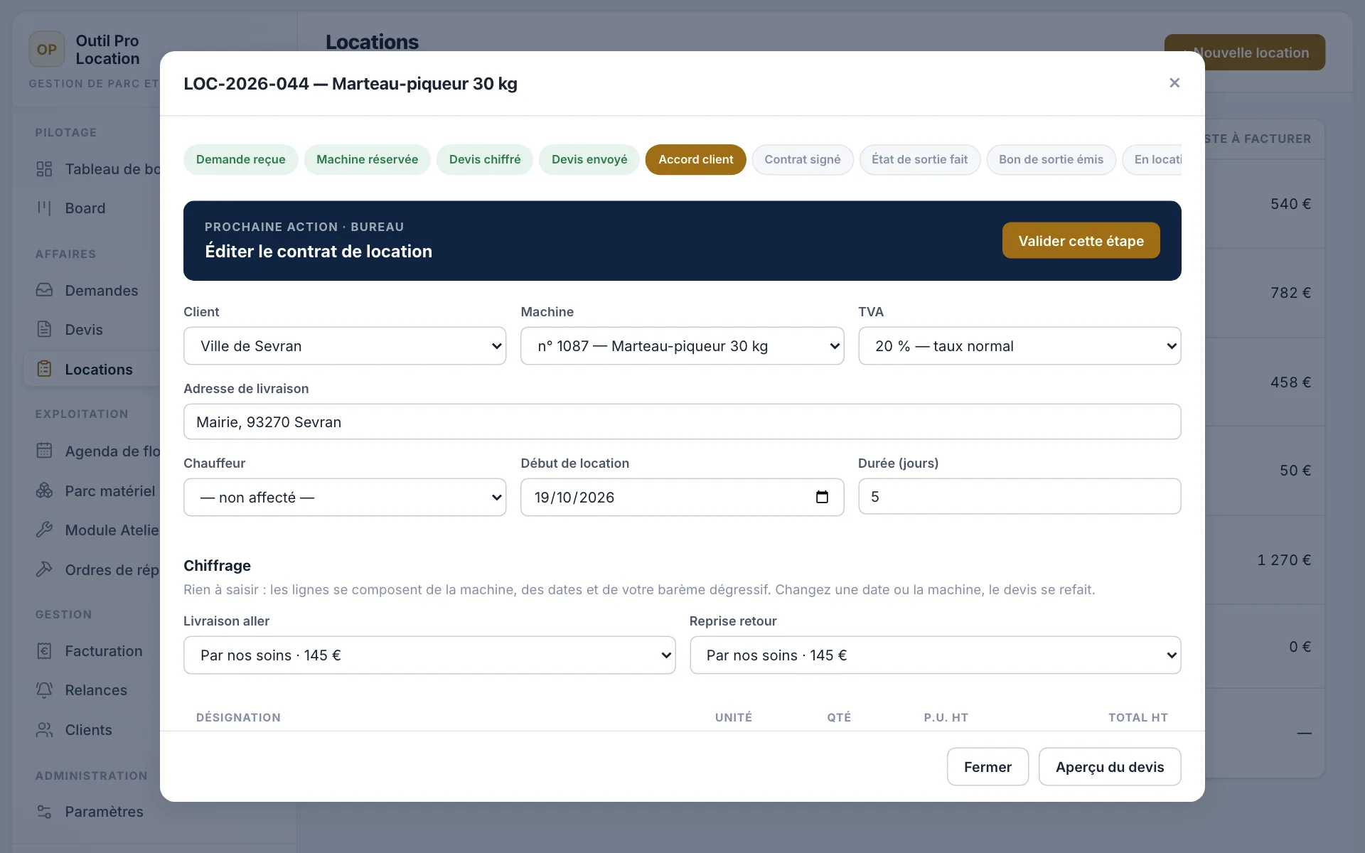 Fiche d'une location à l'étape Accord client, avec la prochaine action : éditer le contrat.