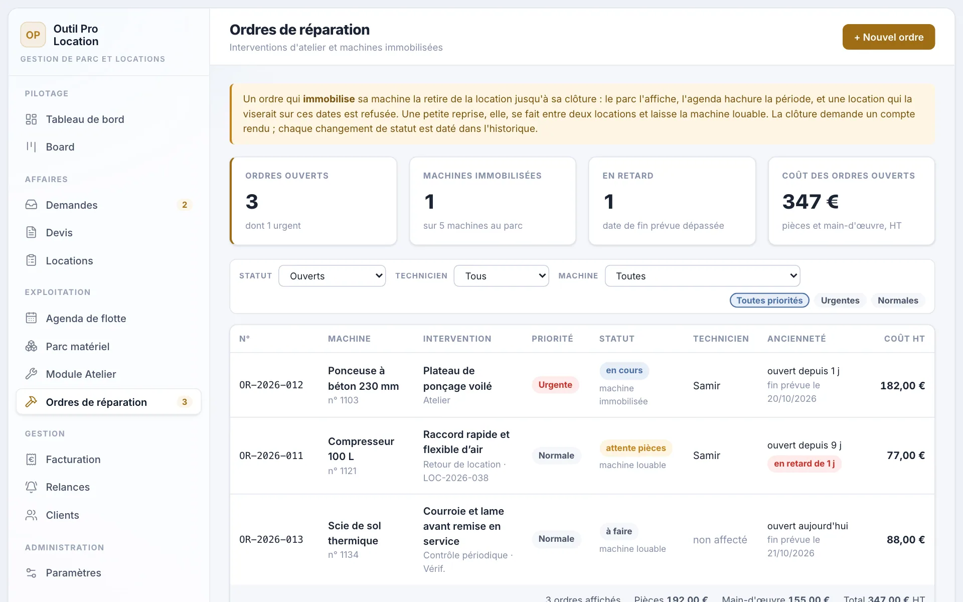 Ordres de réparation : interventions ouvertes, priorité, statut, technicien, coût, et machines immobilisées.