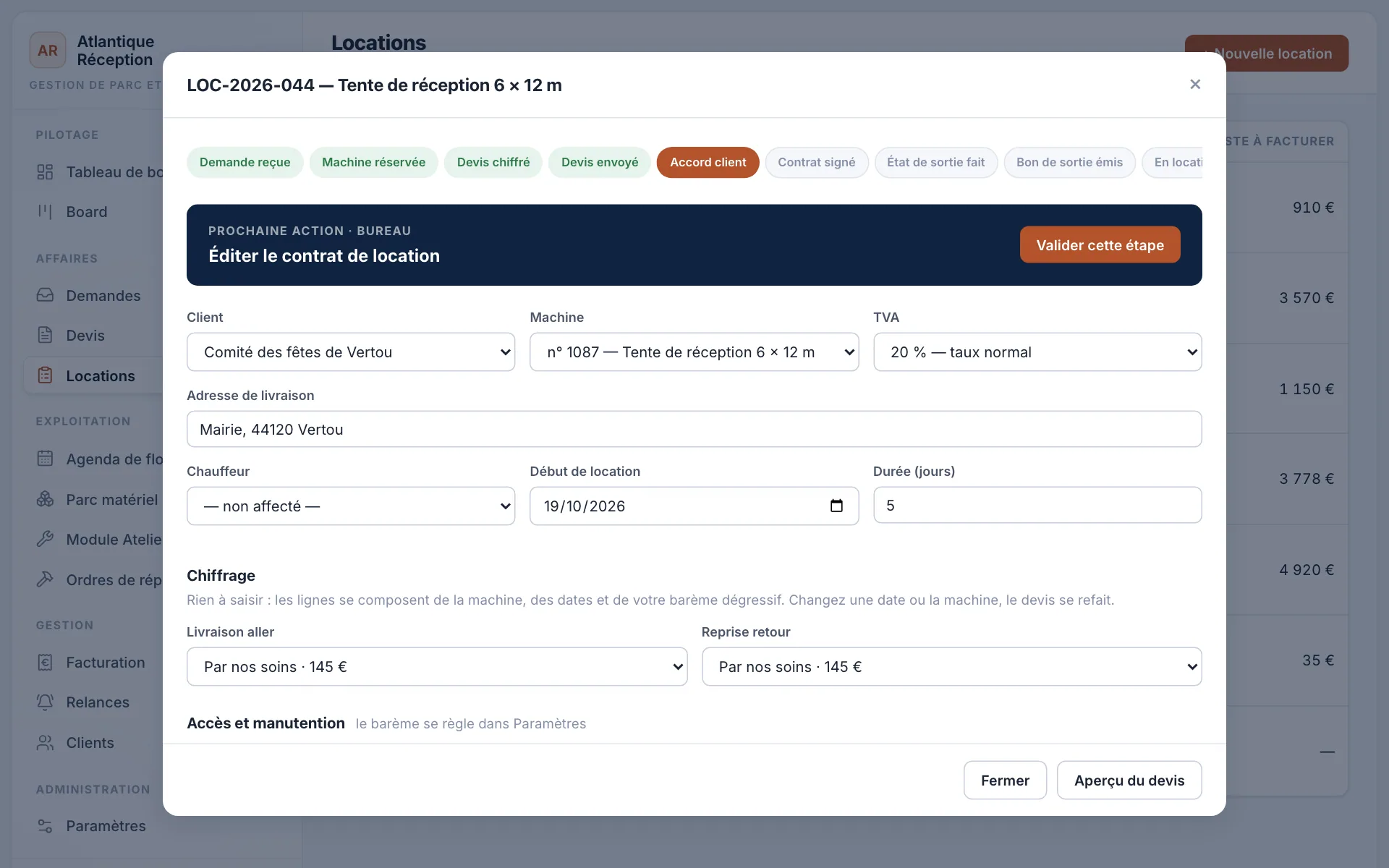 Fiche d'une location à l'étape Accord client, avec la prochaine action : éditer le contrat.