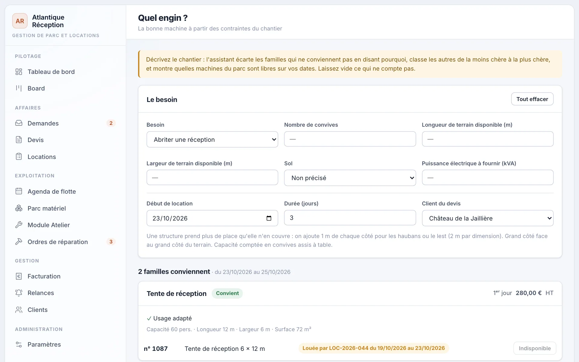 Assistant « Quel engin ? » ouvert depuis une demande : contraintes lues dans le message, famille qui convient, familles écartées et machines libres.