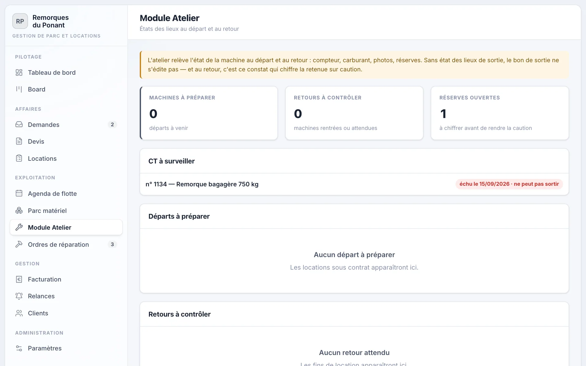 État des lieux de sortie dans le module Atelier : compteur, carburant, photos, constat.