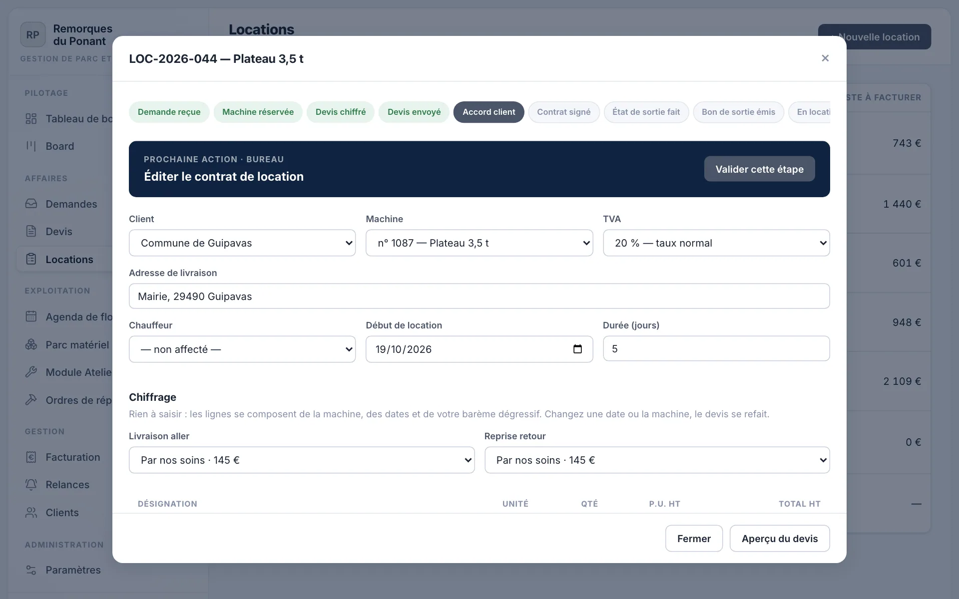Fiche d'une location à l'étape Accord client, avec la prochaine action : éditer le contrat.