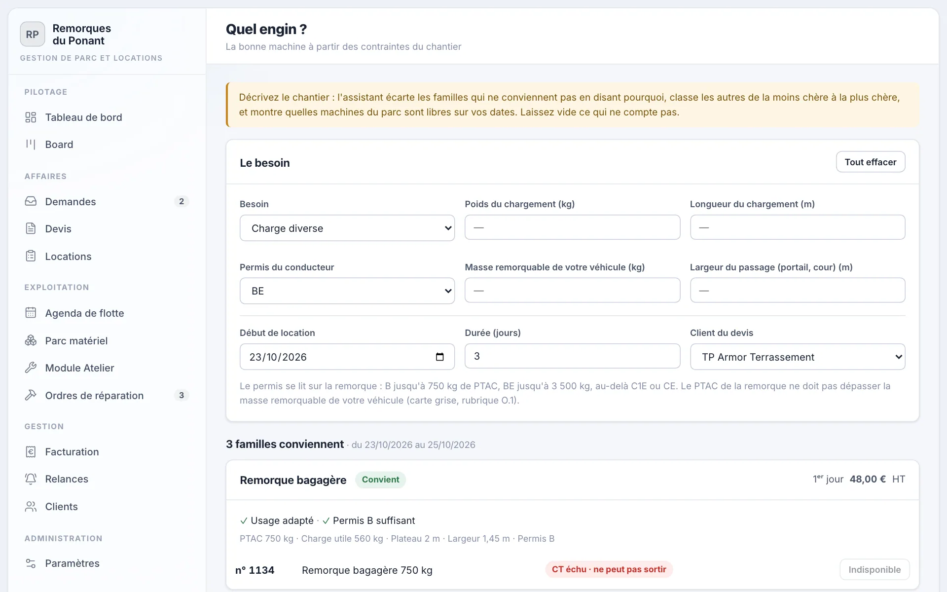 Assistant « Quel engin ? » ouvert depuis une demande : contraintes lues dans le message, famille qui convient, familles écartées et machines libres.