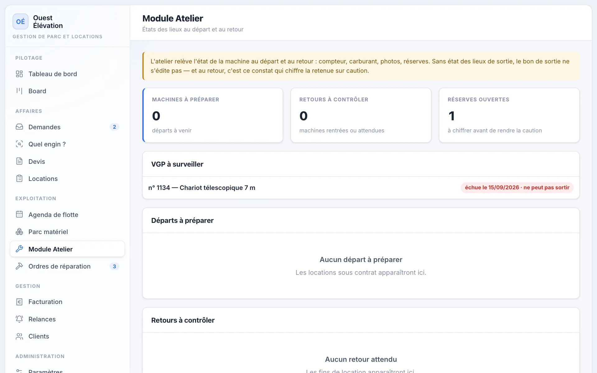 État des lieux de sortie dans le module Atelier : compteur, carburant, photos, constat.
