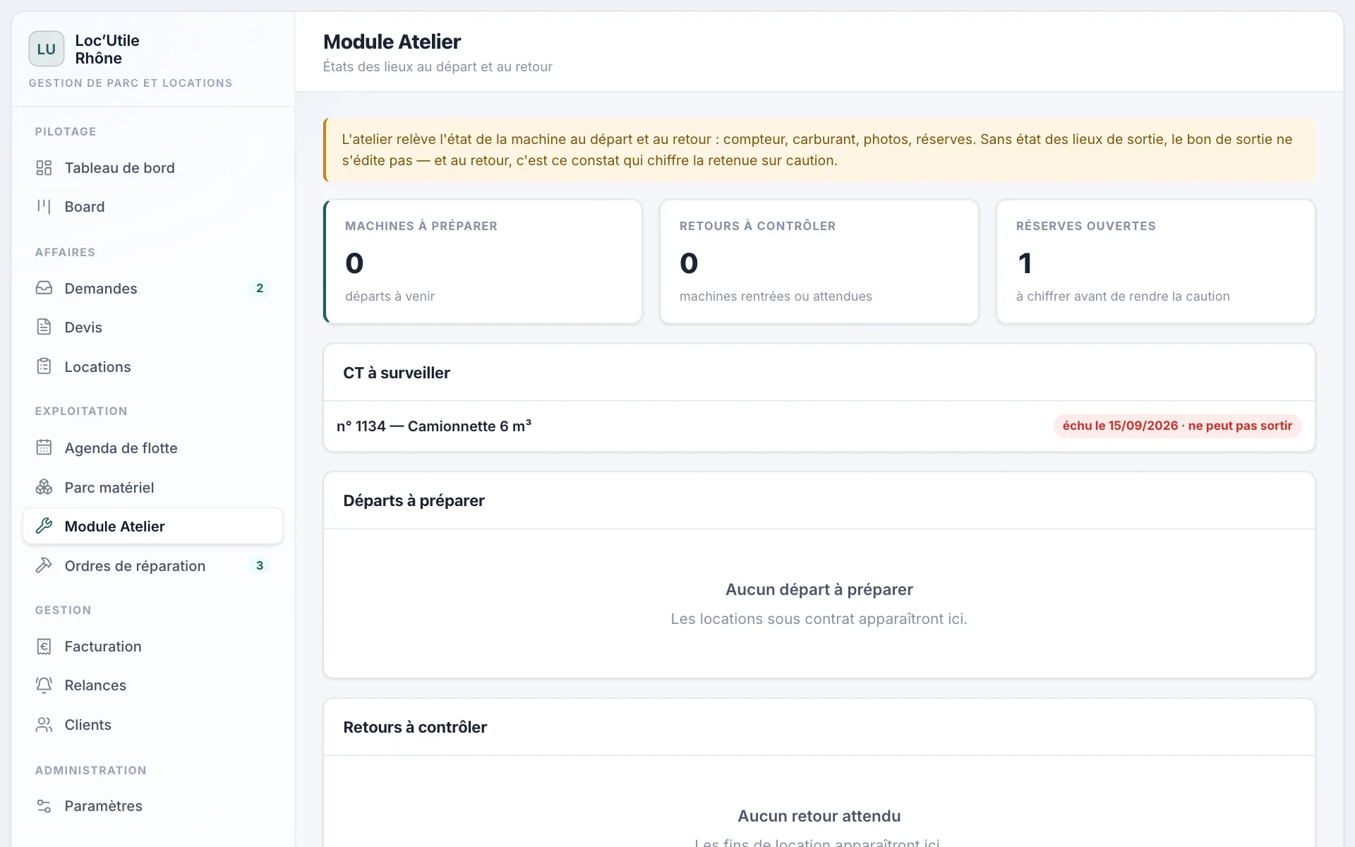 État des lieux de sortie dans le module Atelier : compteur, carburant, photos, constat.