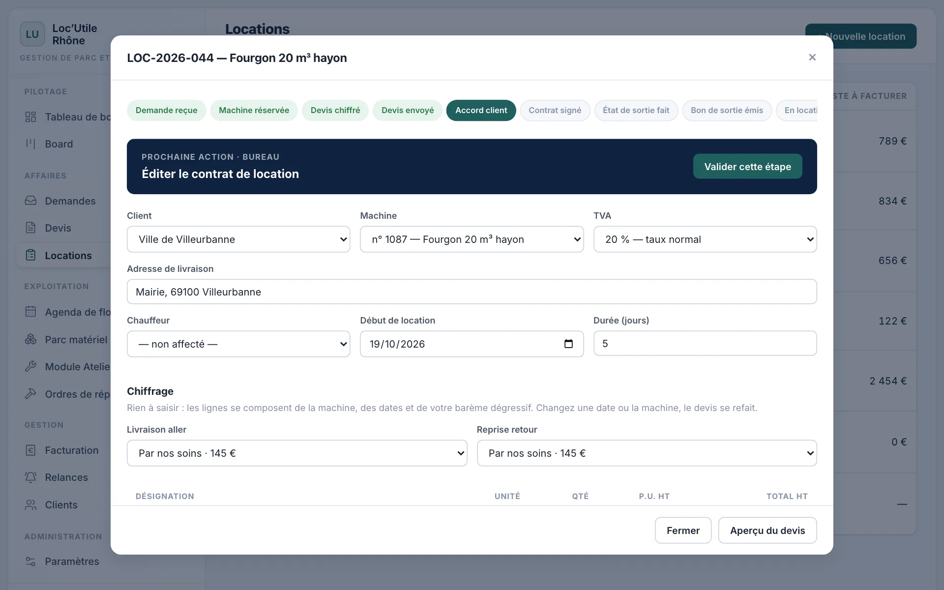 Fiche d'une location à l'étape Accord client, avec la prochaine action : éditer le contrat.
