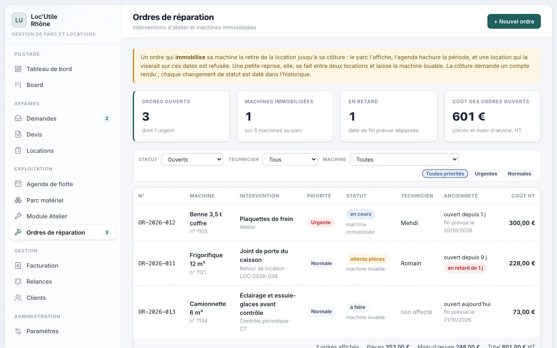 Ordres de réparation : interventions ouvertes, priorité, statut, technicien, coût, et machines immobilisées.