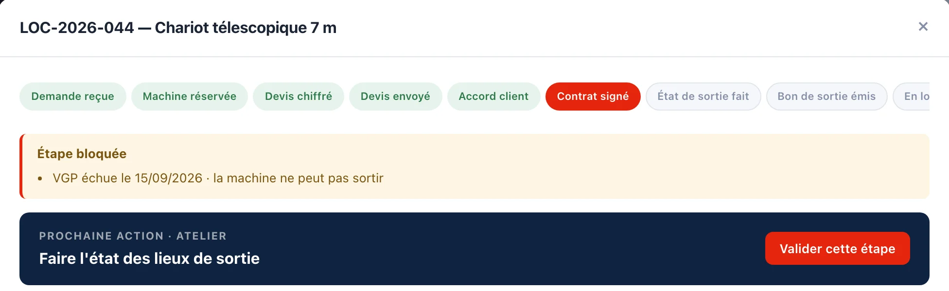 Une location de la démonstration sur le chariot télescopique 1134 : le contrat est signé, mais l’étape suivante est bloquée avec le message « VGP échue le 15/09/2026 · la machine ne peut pas sortir ».